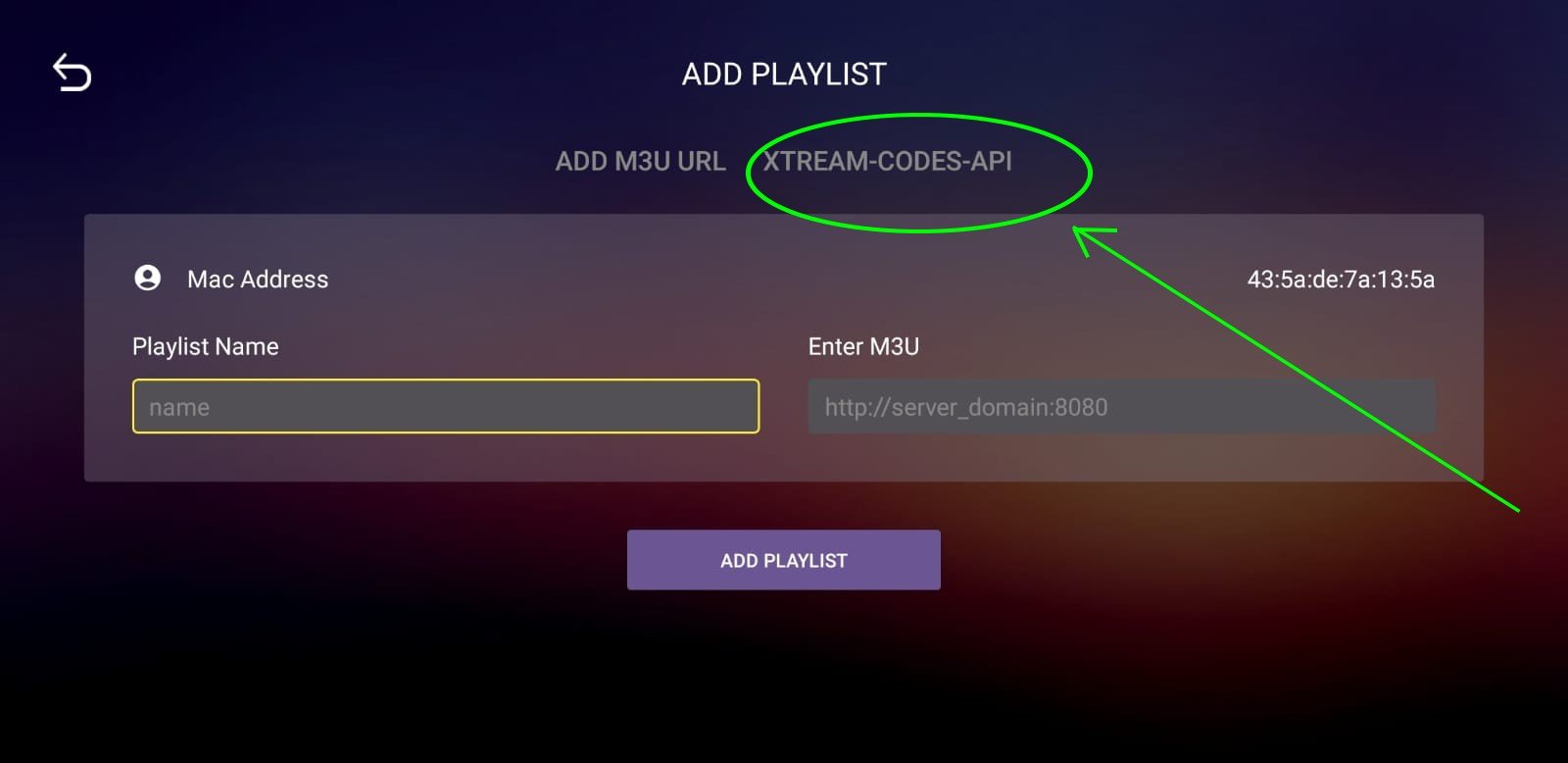 Select Xtream Codes API in Prima IPTV app